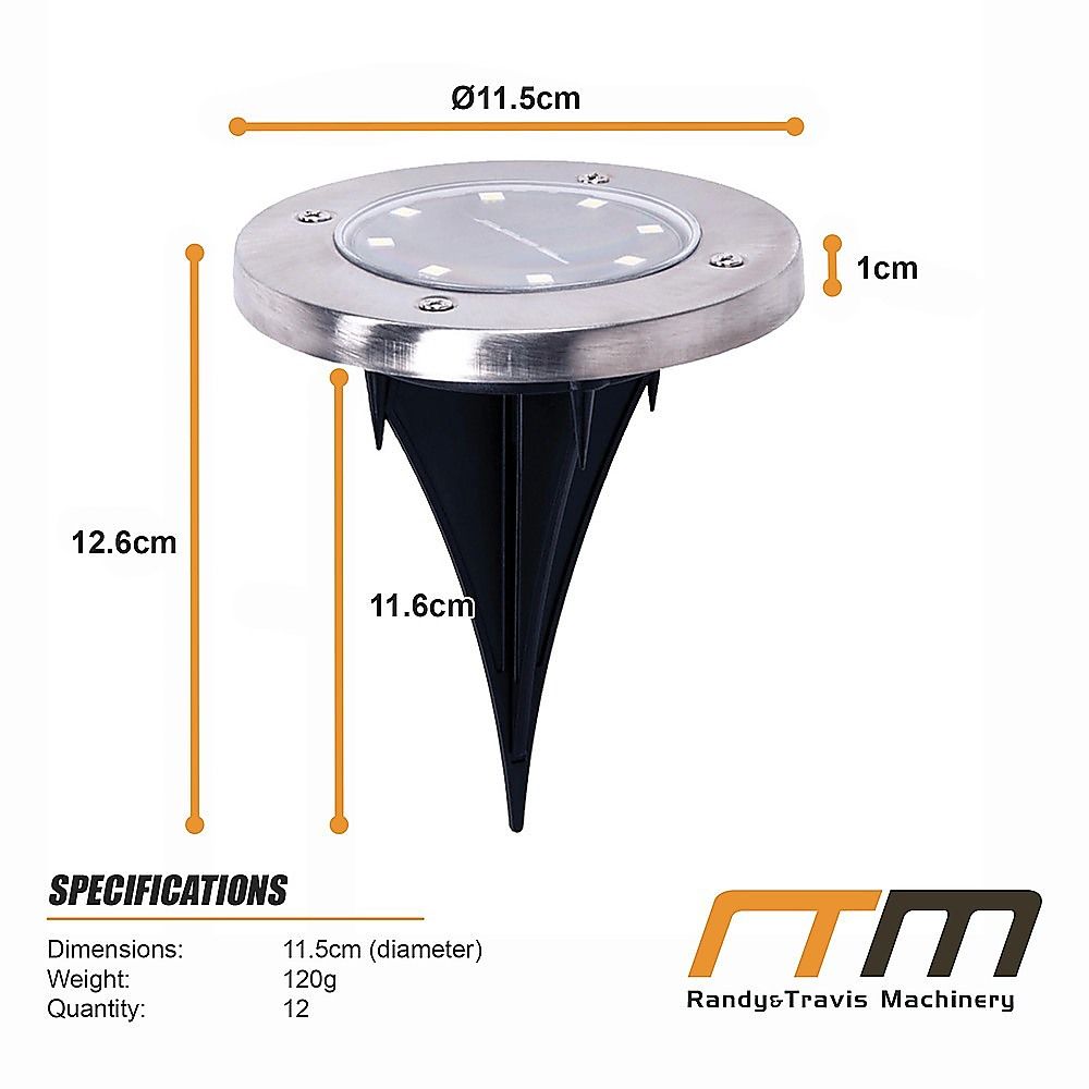 Solar inground LED lights (12-pack) with stainless round heads, black stakes, 11.5 cm diameter