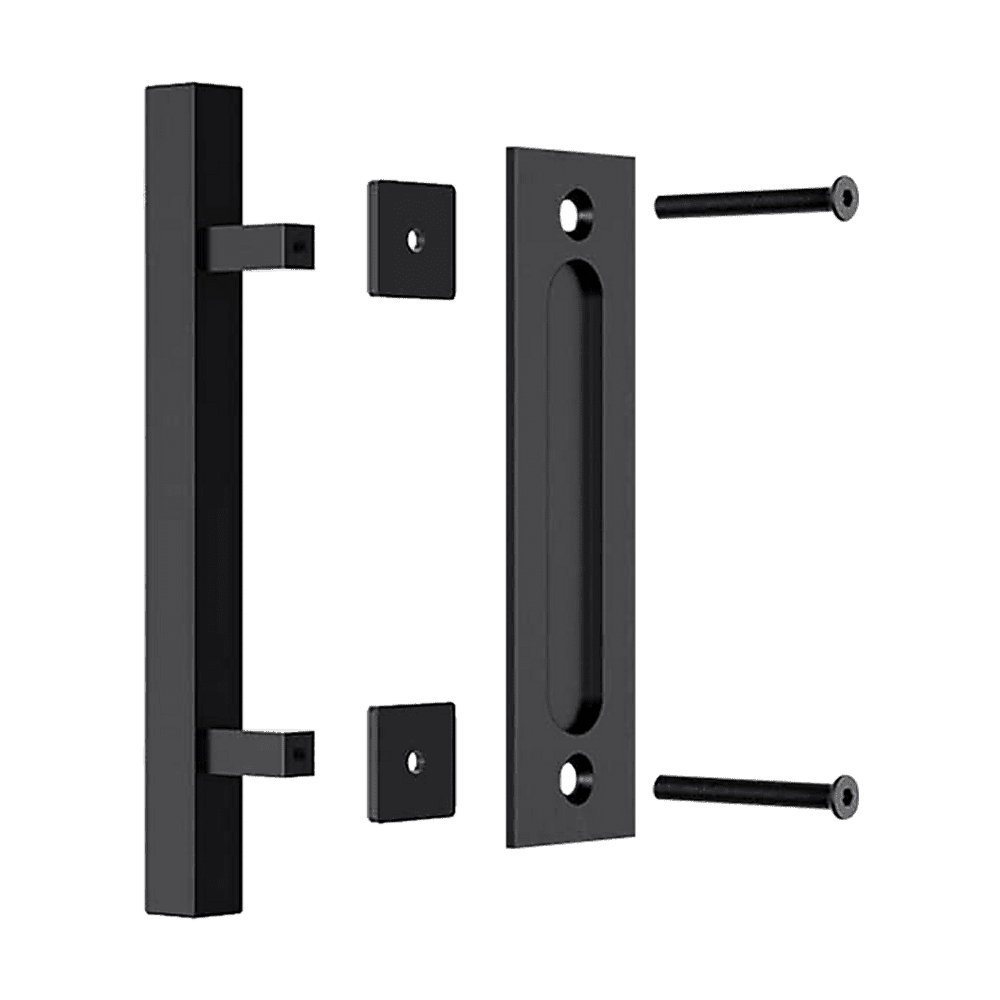 12" Square Pull and Flush Door Handle Set Black Barn Door Hardware