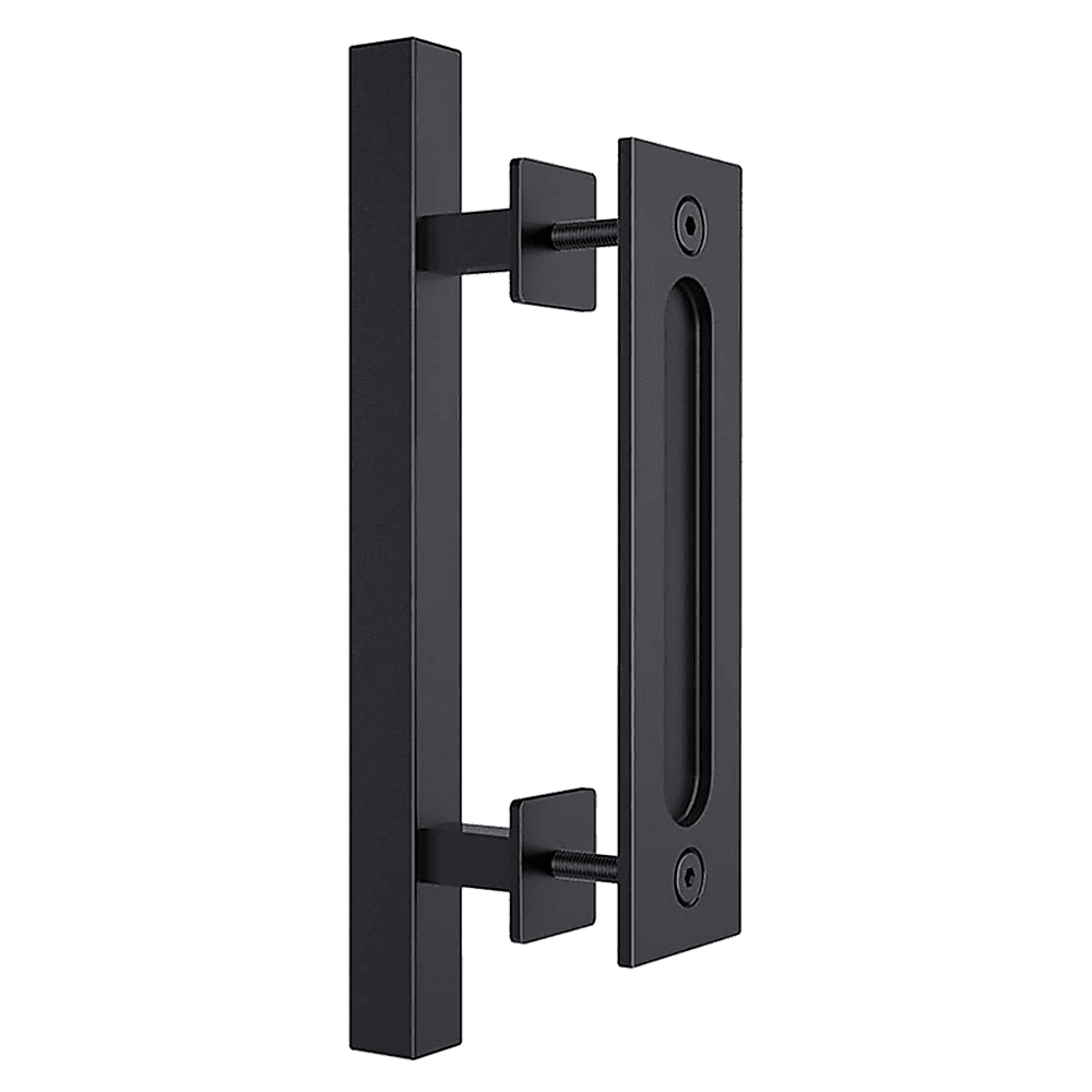 12" Square Pull and Flush Door Handle Set Black Barn Door Hardware