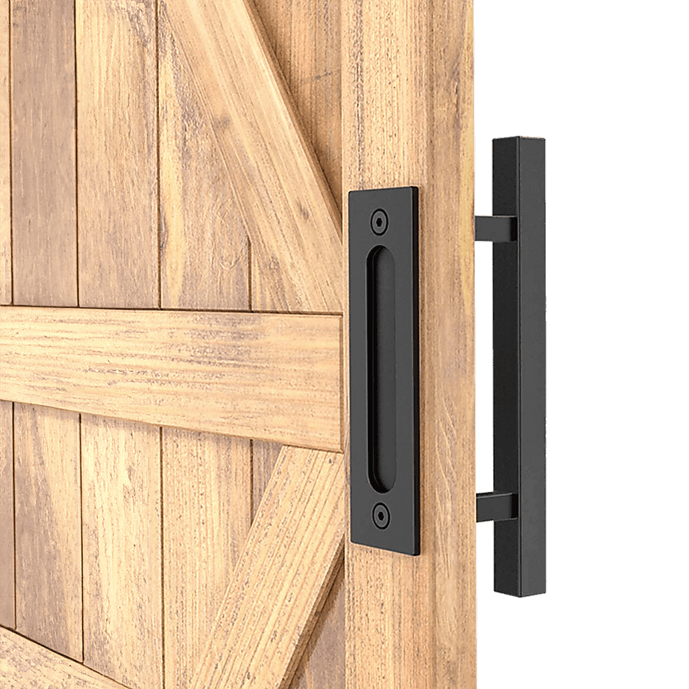 12" Square Pull and Flush Door Handle Set Black Barn Door Hardware