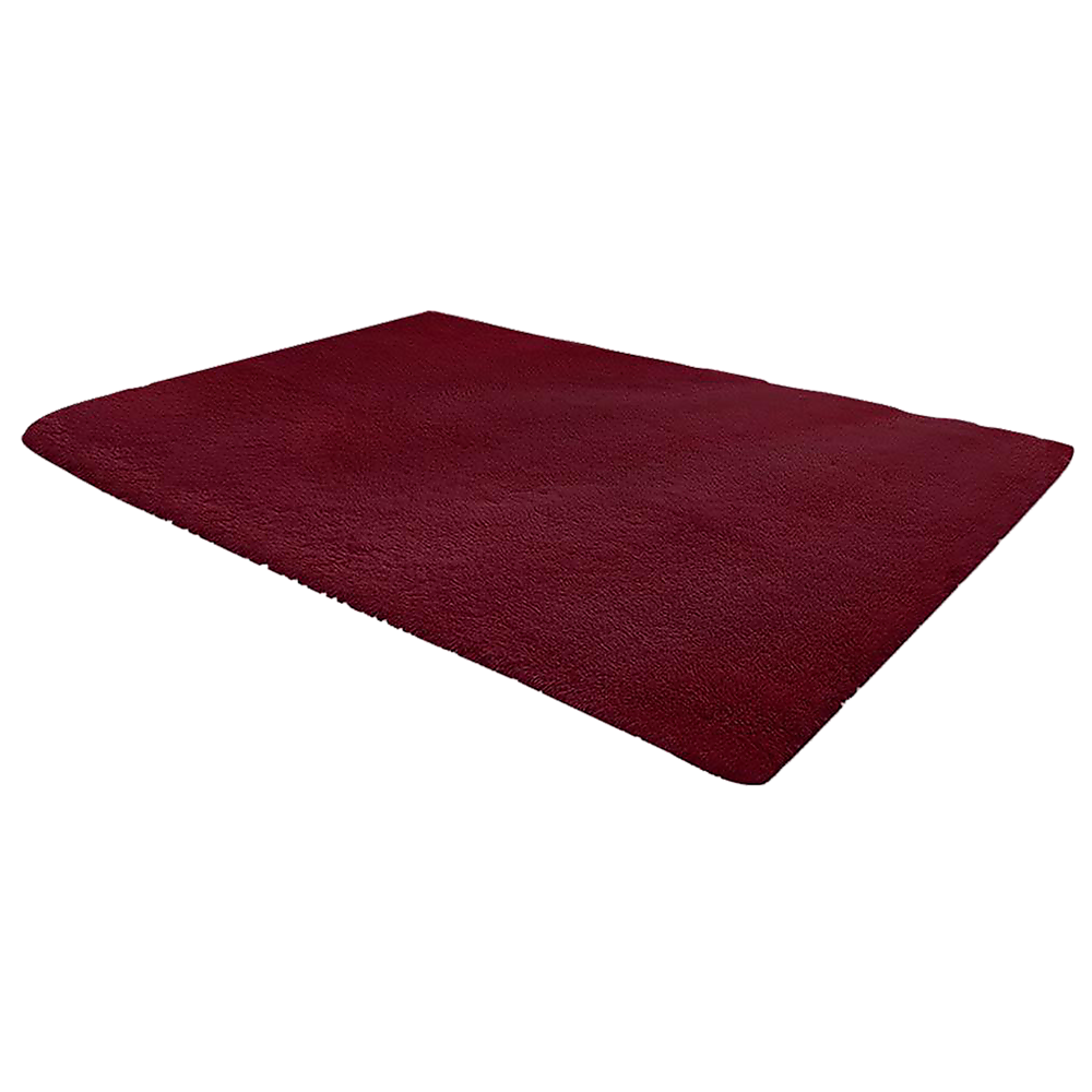 Burgundy shaggy area rug, rectangular with low stitched border and dense pile