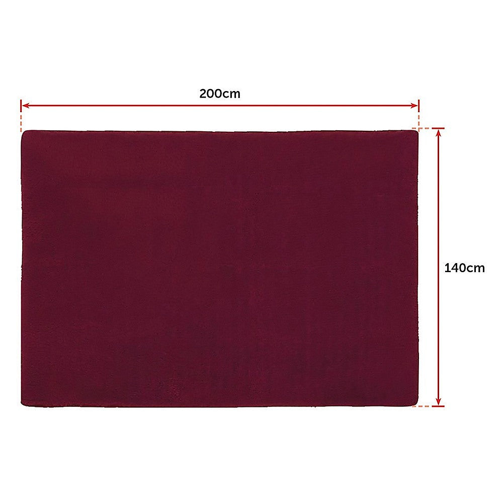 Burgundy rectangular rug showing size 200cm by 140cm on solid background