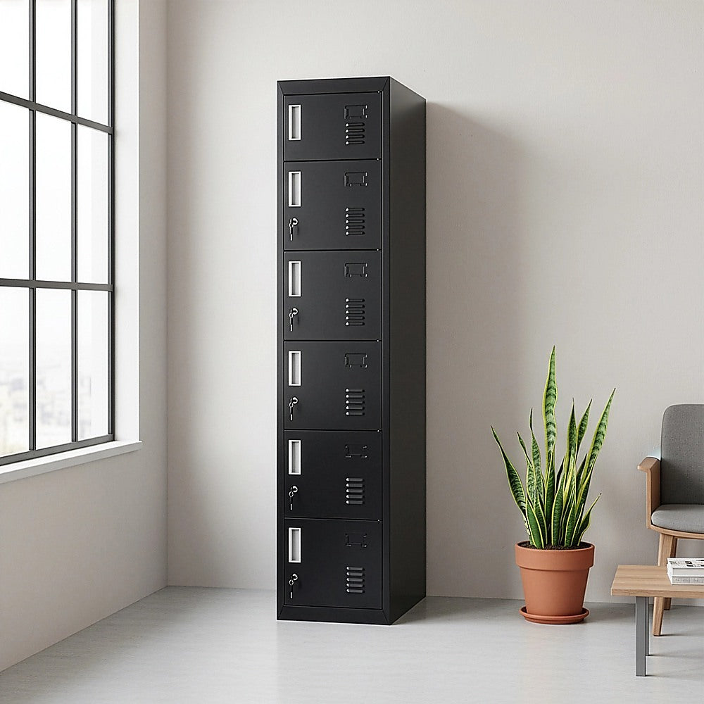 6-door metal locker with dark finish and vented doors, standing upright