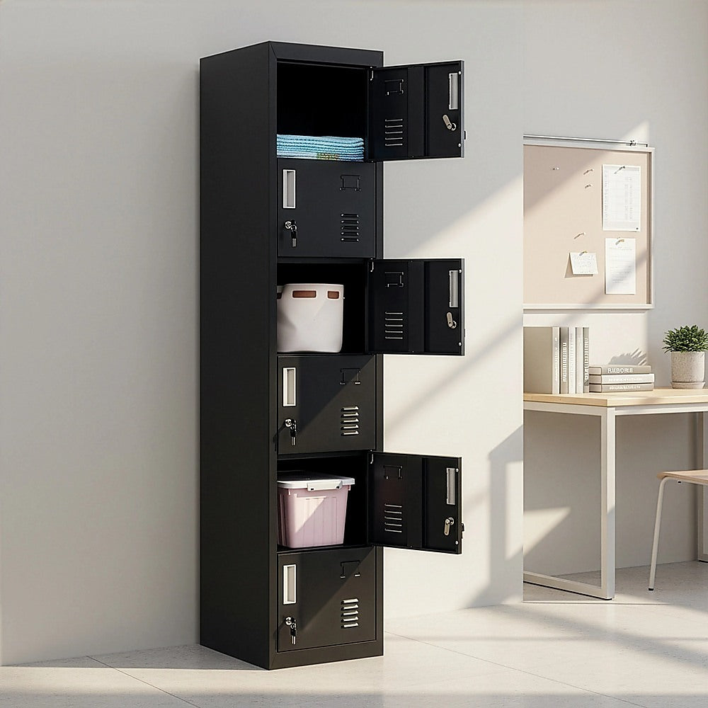 6-door metal locker with open compartments and storage bins, dark finish