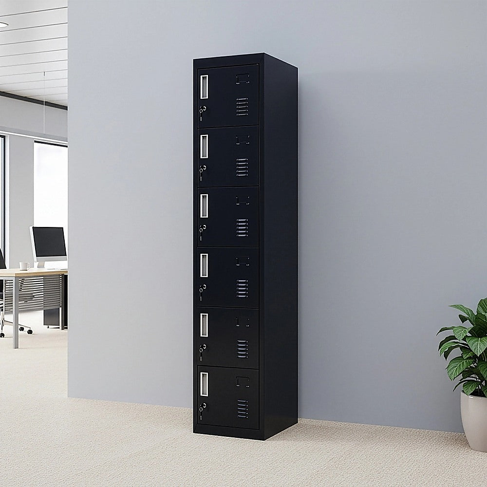 6-door metal locker cabinet with vents and label slots, dark finish