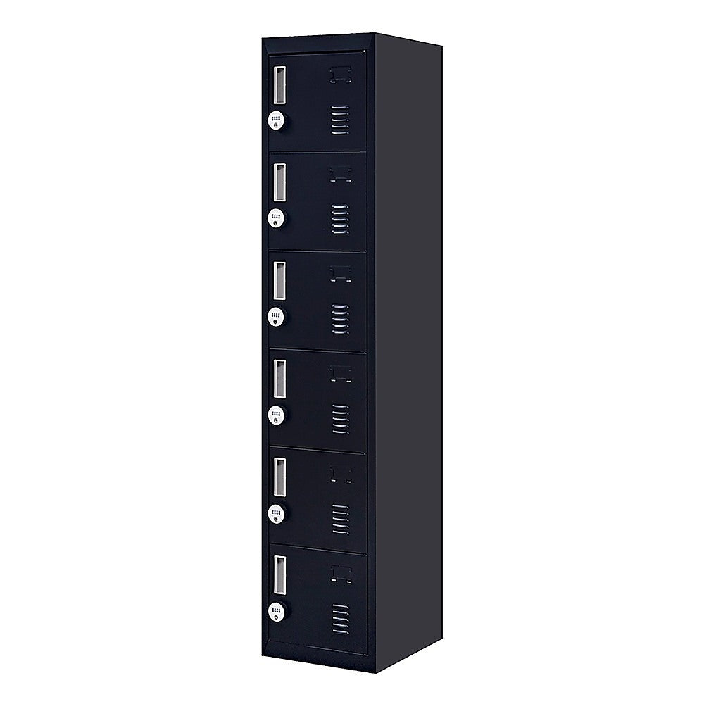 Tall dark metal locker with multiple vented doors and handle latches