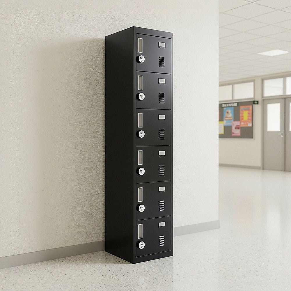 Rectangular dark metal 6-door locker with vented panels and silver handles