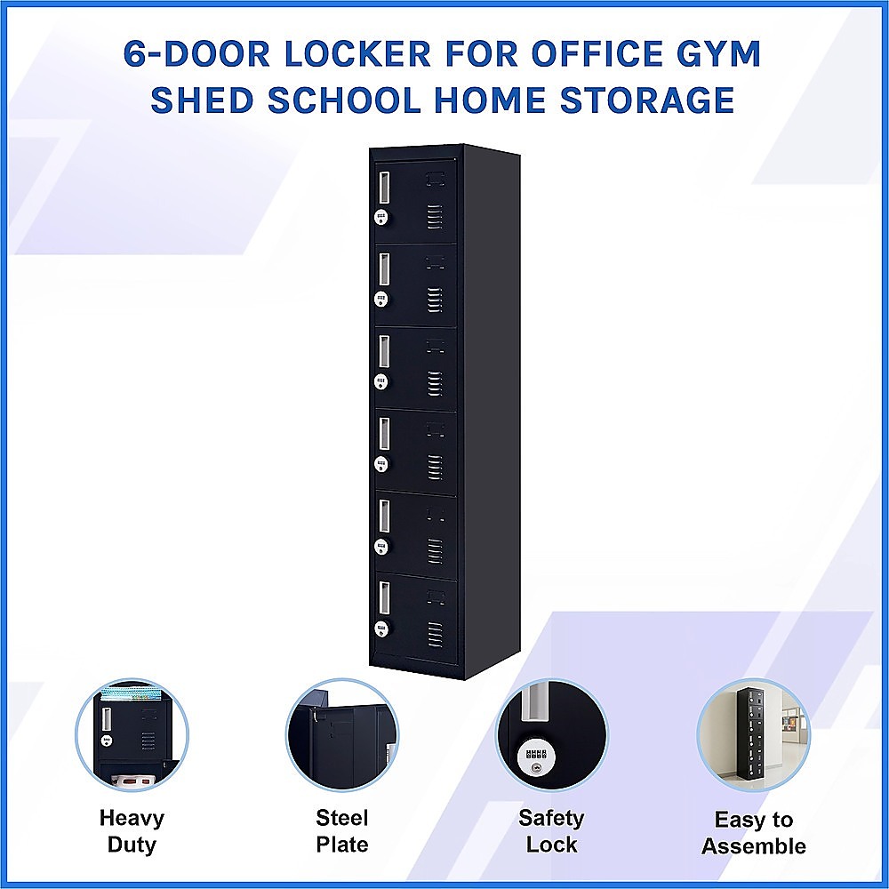 Freestanding dark metal 6-door locker with vented doors and safety lock