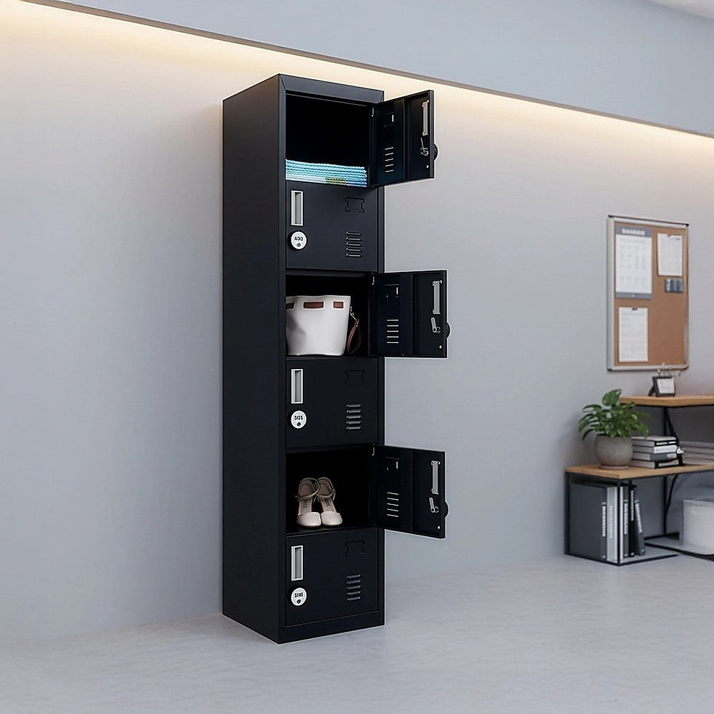 Dark metal locker with open doors showing multiple compartments and shelf space