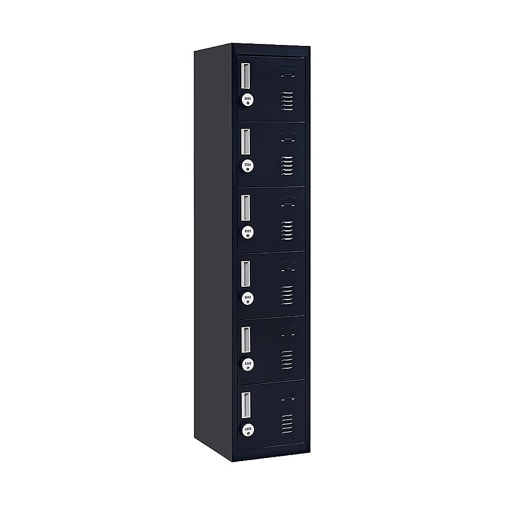 Tall dark metal locker with six front doors, vent slots, and silver handles