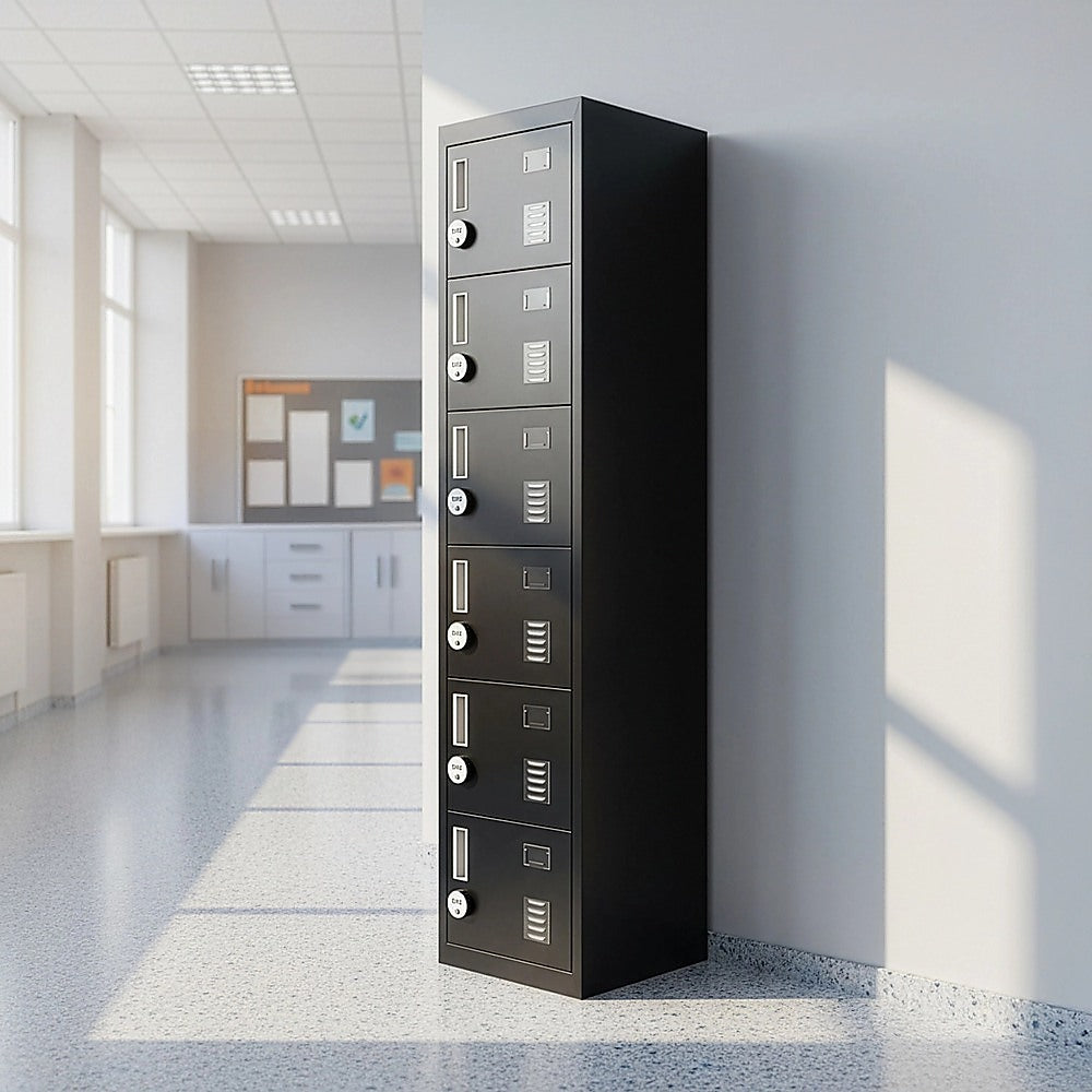 Dark metal locker standing upright with vented doors and silver latches