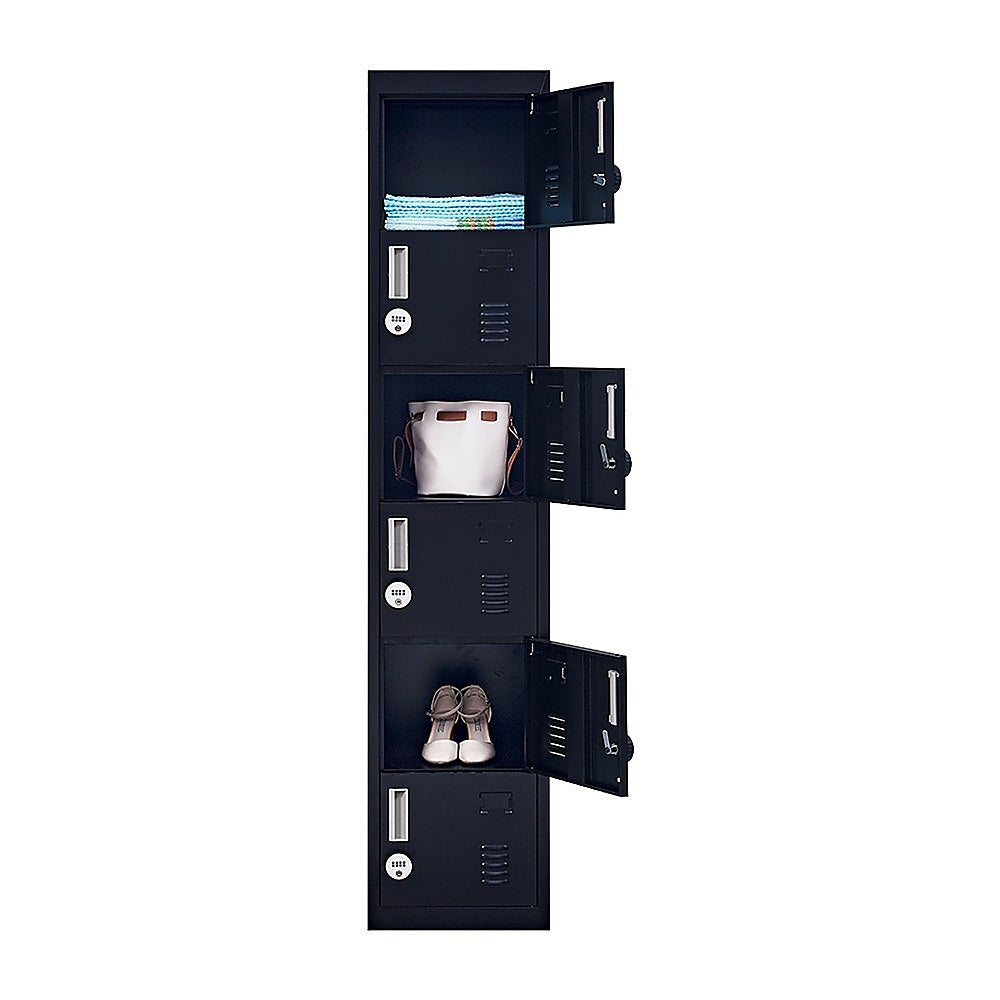 Dark metal 6-door locker with several doors open, showing empty compartments