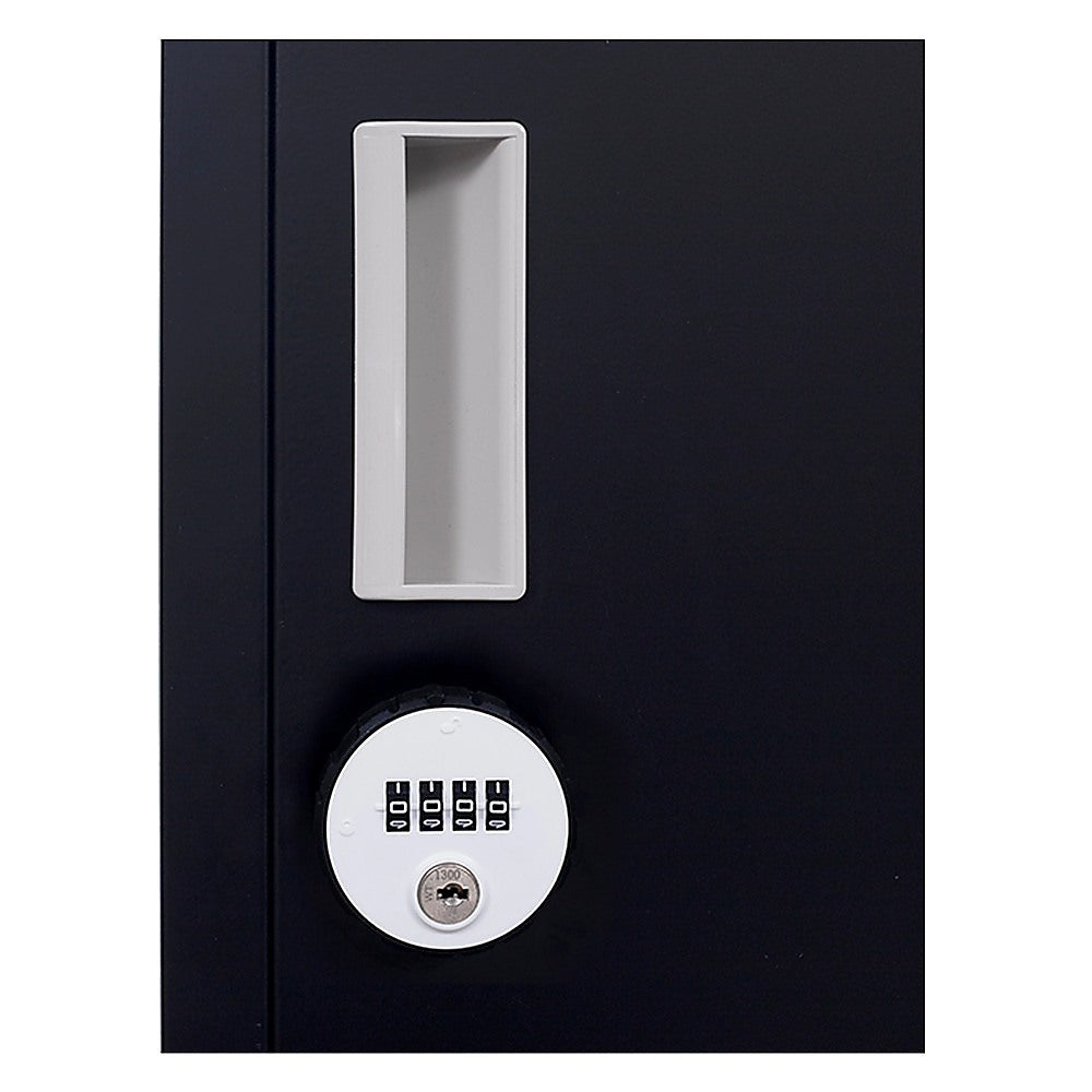 Dark locker lock panel with silver handle and four-digit keypad dial area