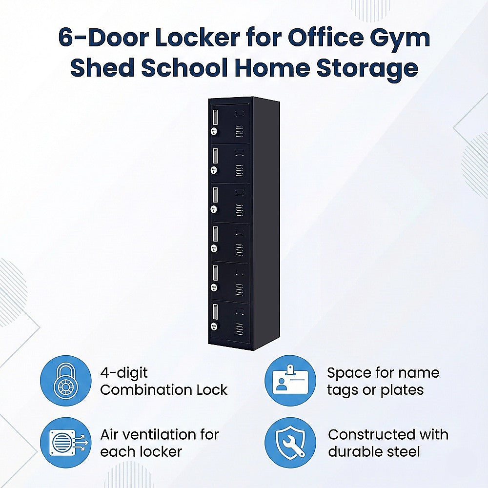 6-door metal locker, black front with 4-digit combination lock dials and vent panels