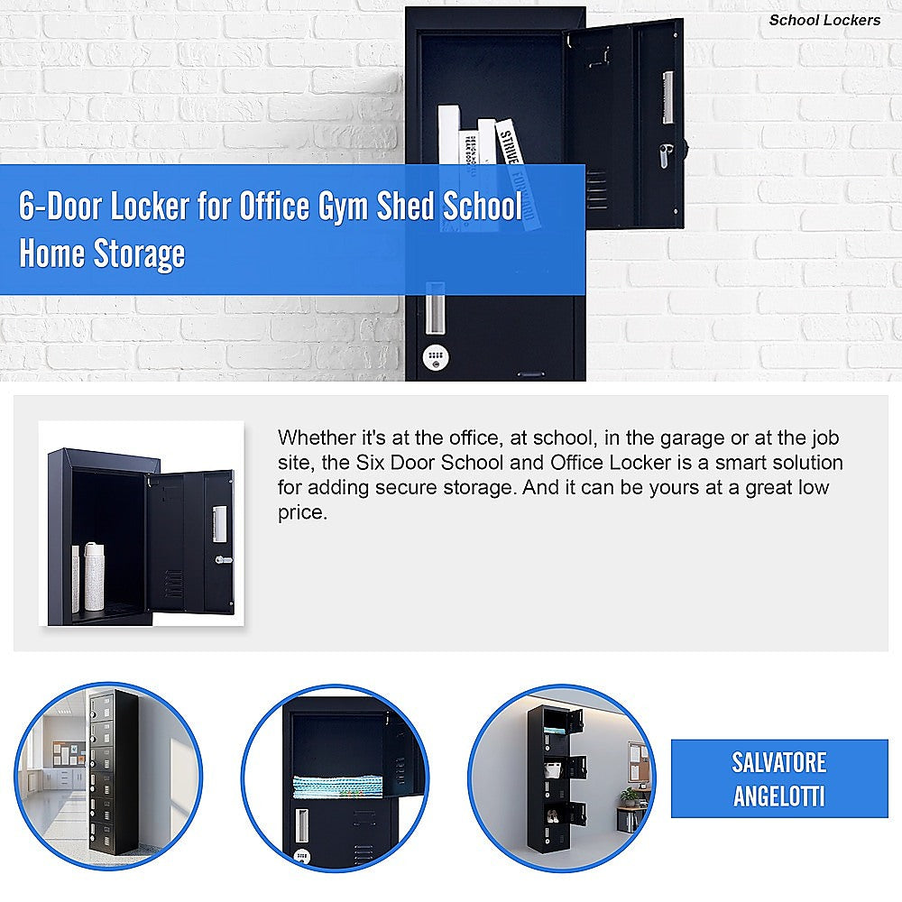 6-door locker with one door open, showing interior shelves and combination lock hardware