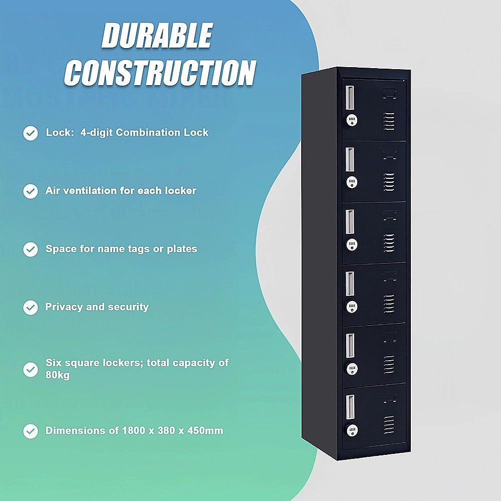 6-door locker with multiple combination lock dials and ventilation slots on black steel door