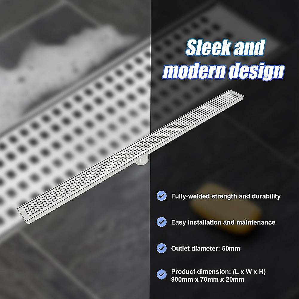 900mm Bathroom Shower Stainless Steel Grate Drain w/Centre outlet Floor Waste Square Pattern