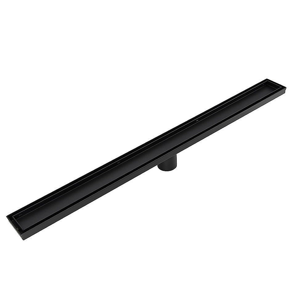 Black linear shower drain grate with long recessed channel