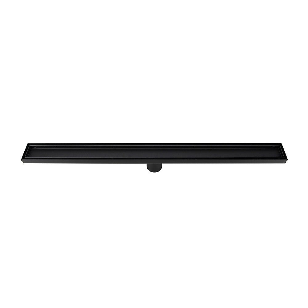 Black linear shower drain grate with center outlet, straight linear design.