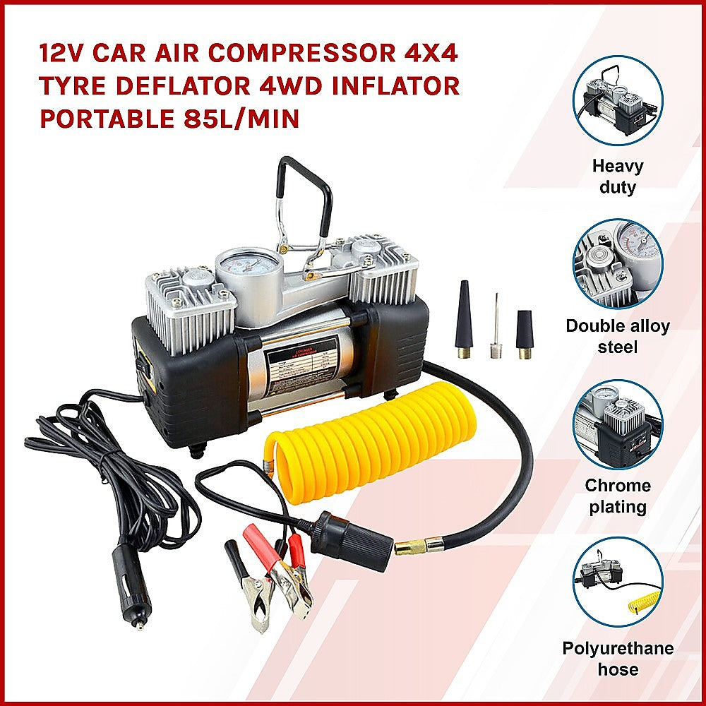 Portable 12V car air compressor kit with yellow coiled hose and multiple nozzle tips