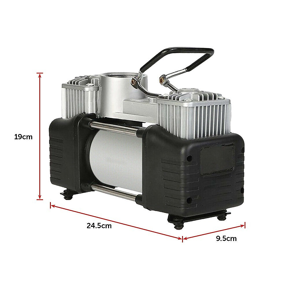 Portable 12V car air compressor with black rubber body and silver metal cylinder pump