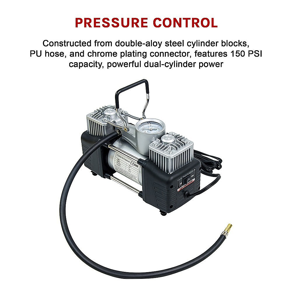 12V air compressor inflator with pressure control gauge and black power hose