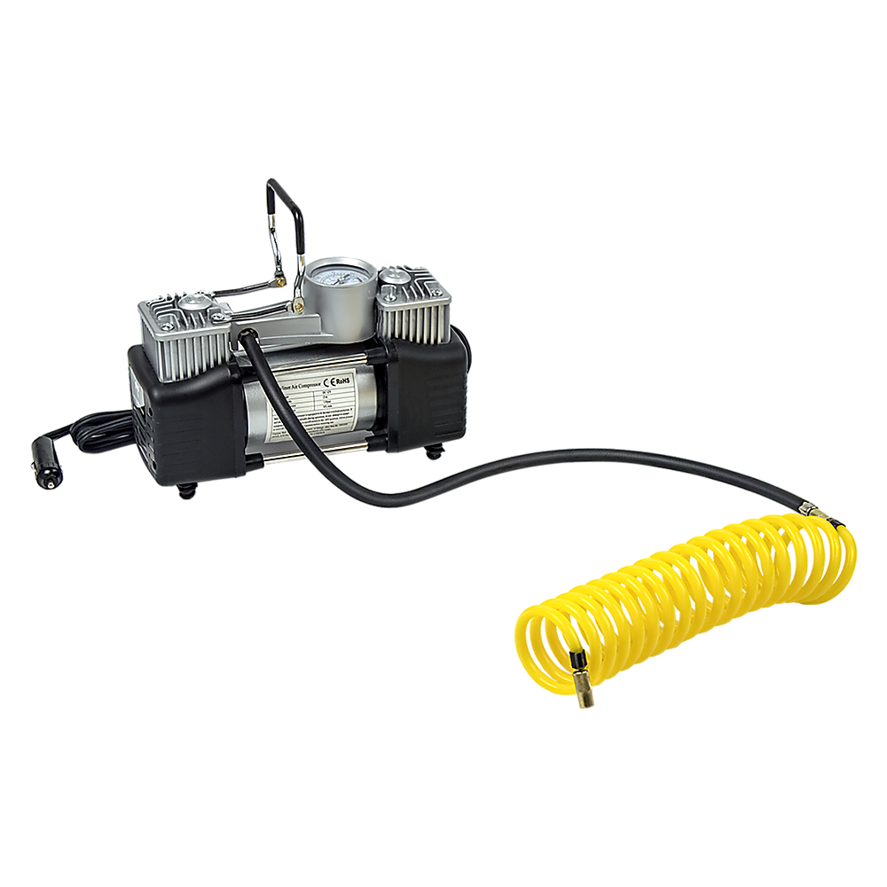 12V car air compressor unit with long black hose and yellow coiled air hose