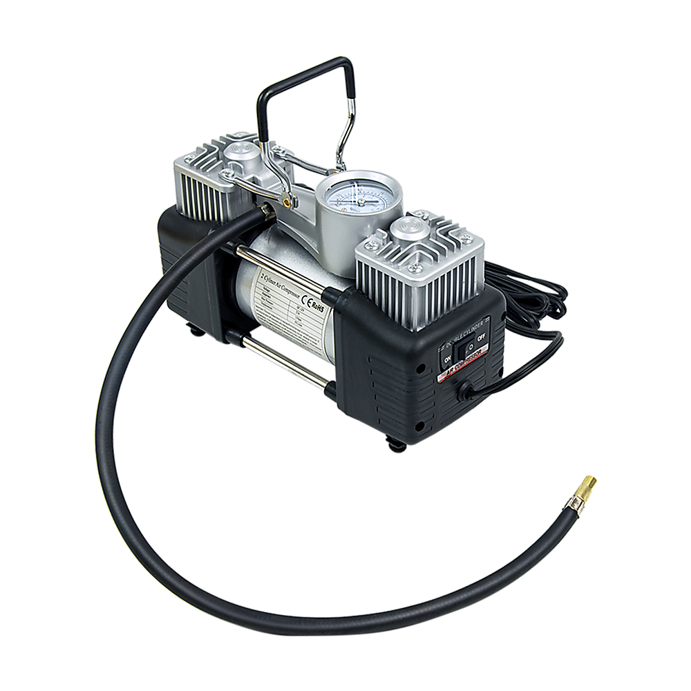 12V air compressor unit with top handle, gauge, and attached black air hose