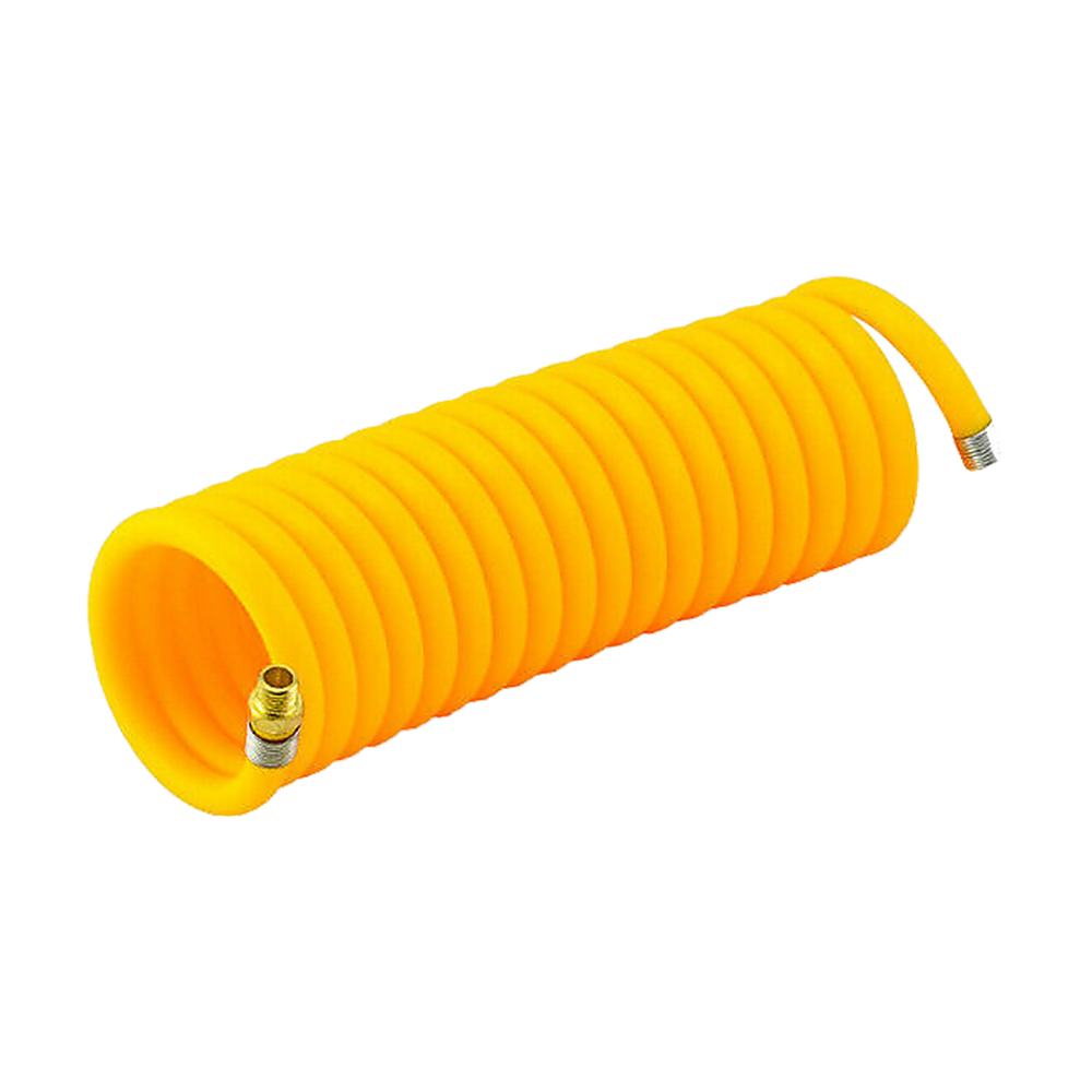Yellow coiled air hose with brass connector tip for 12V air compressor