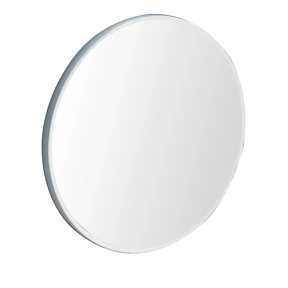 Round wall mirror with clear reflective glass and thin white metal frame