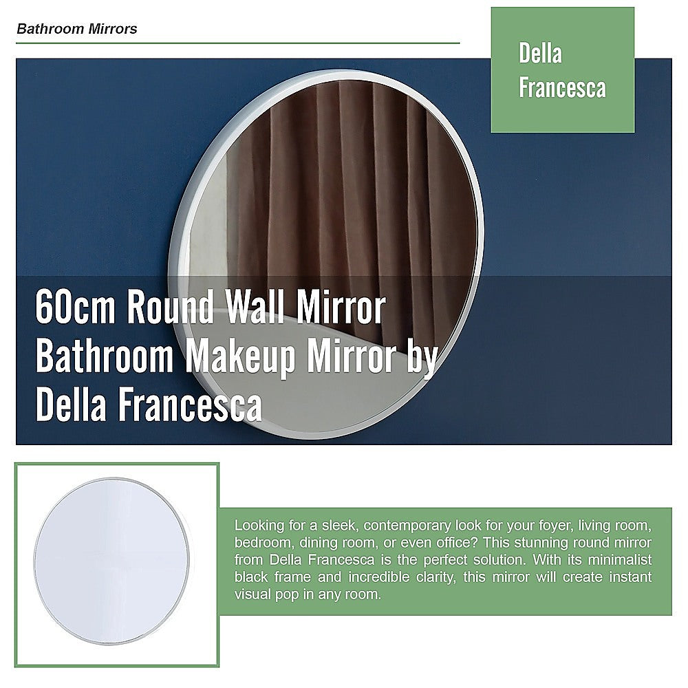 Round wall mirror with slim white frame and clear reflective glass