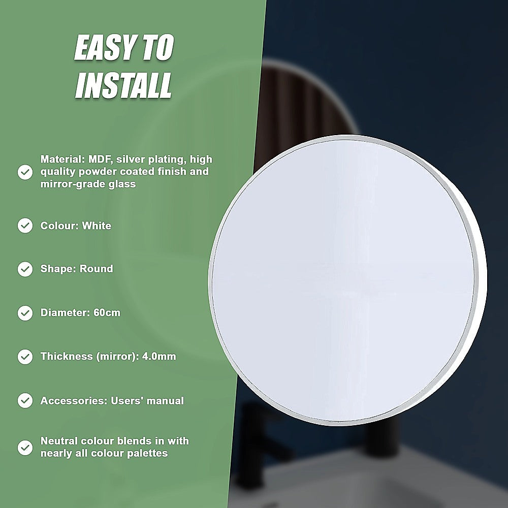 Round wall mirror, 60cm diameter, white frame