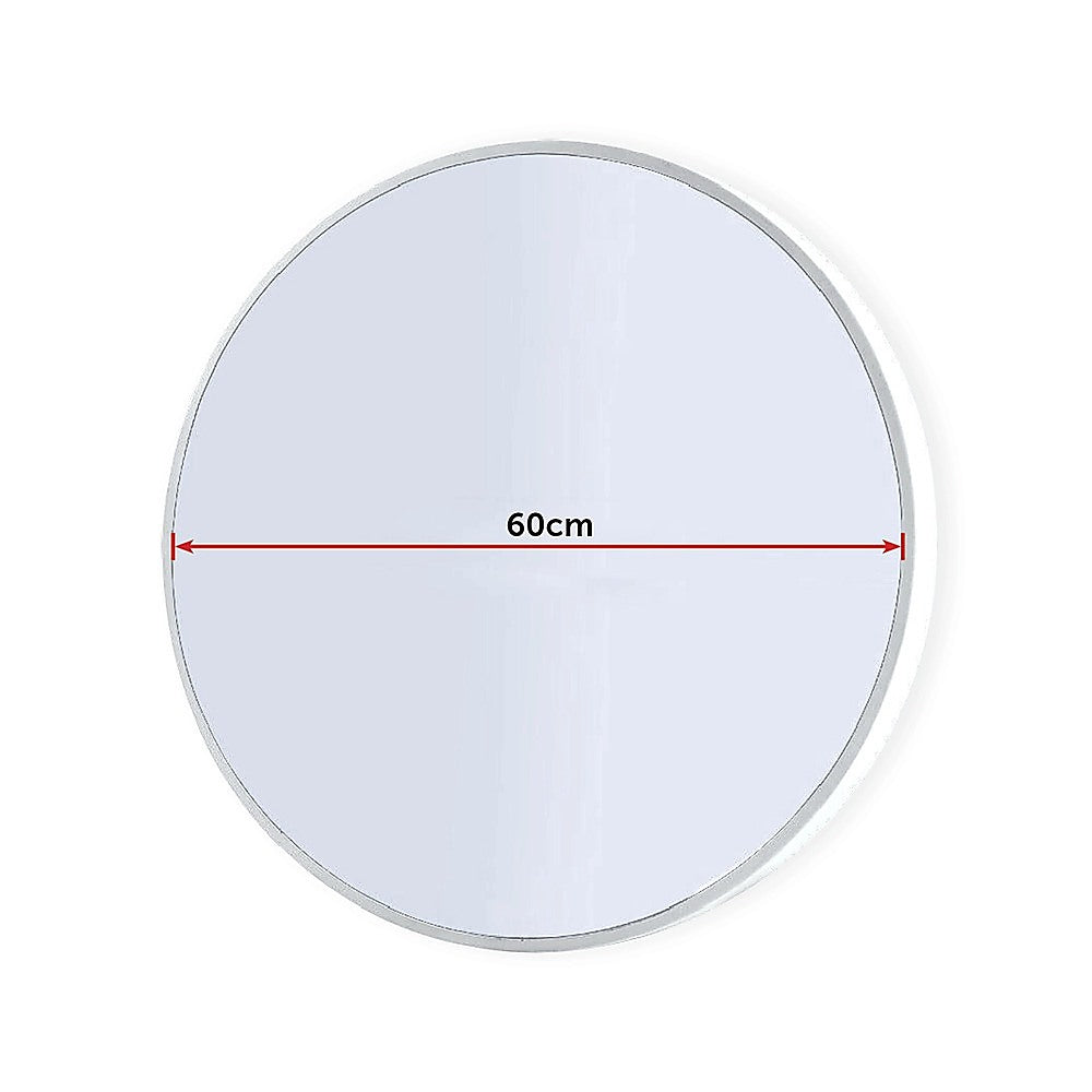 Round bathroom mirror with 60cm diameter marking, white outer frame