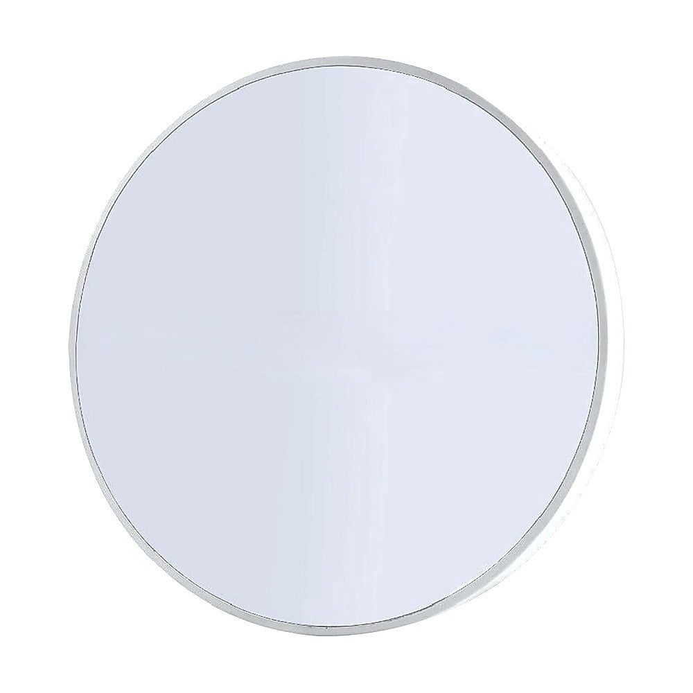 Round wall mirror with silver-tone edge and clear reflective glass