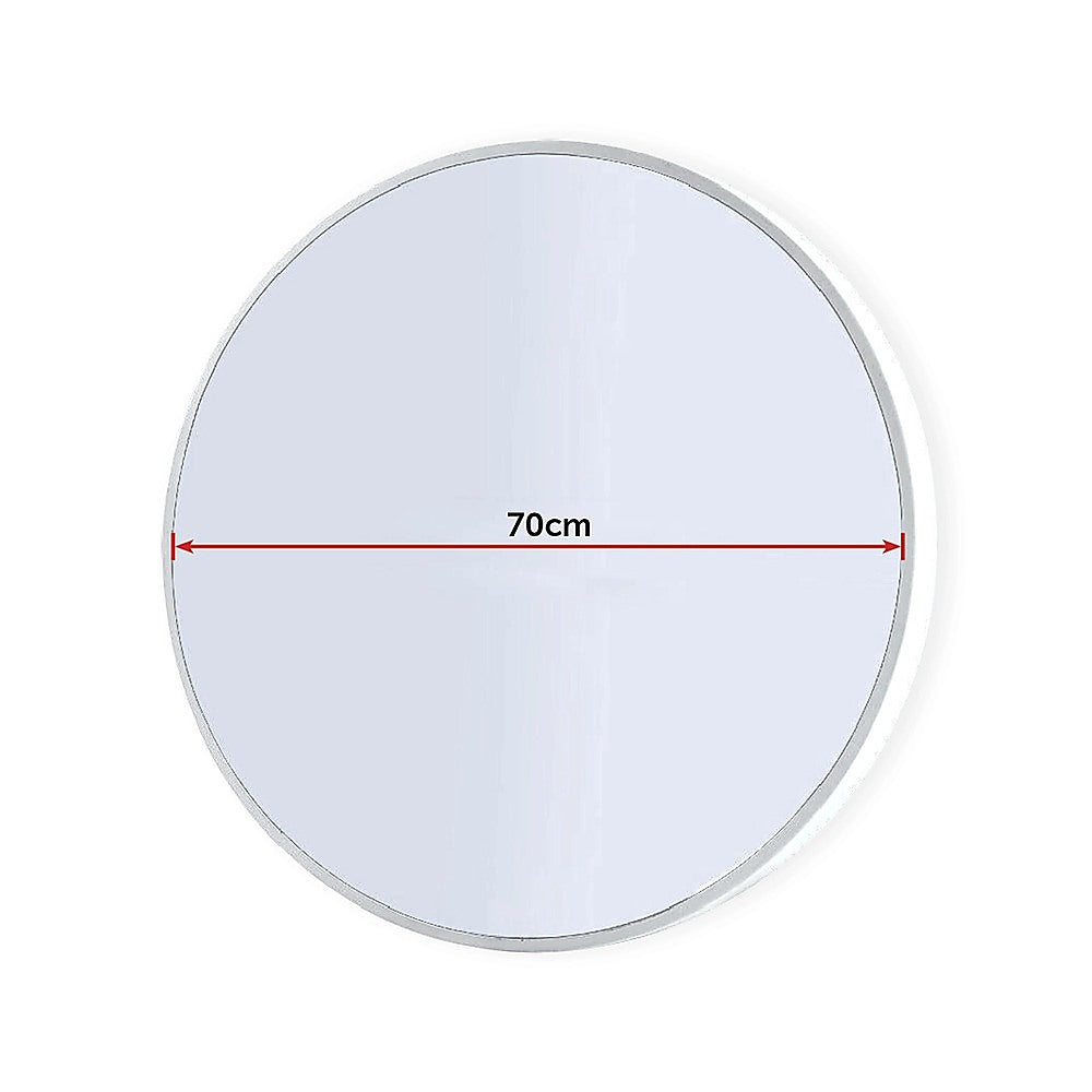 Round wall mirror, 70cm diameter shown with measurement arrows, reflective glass