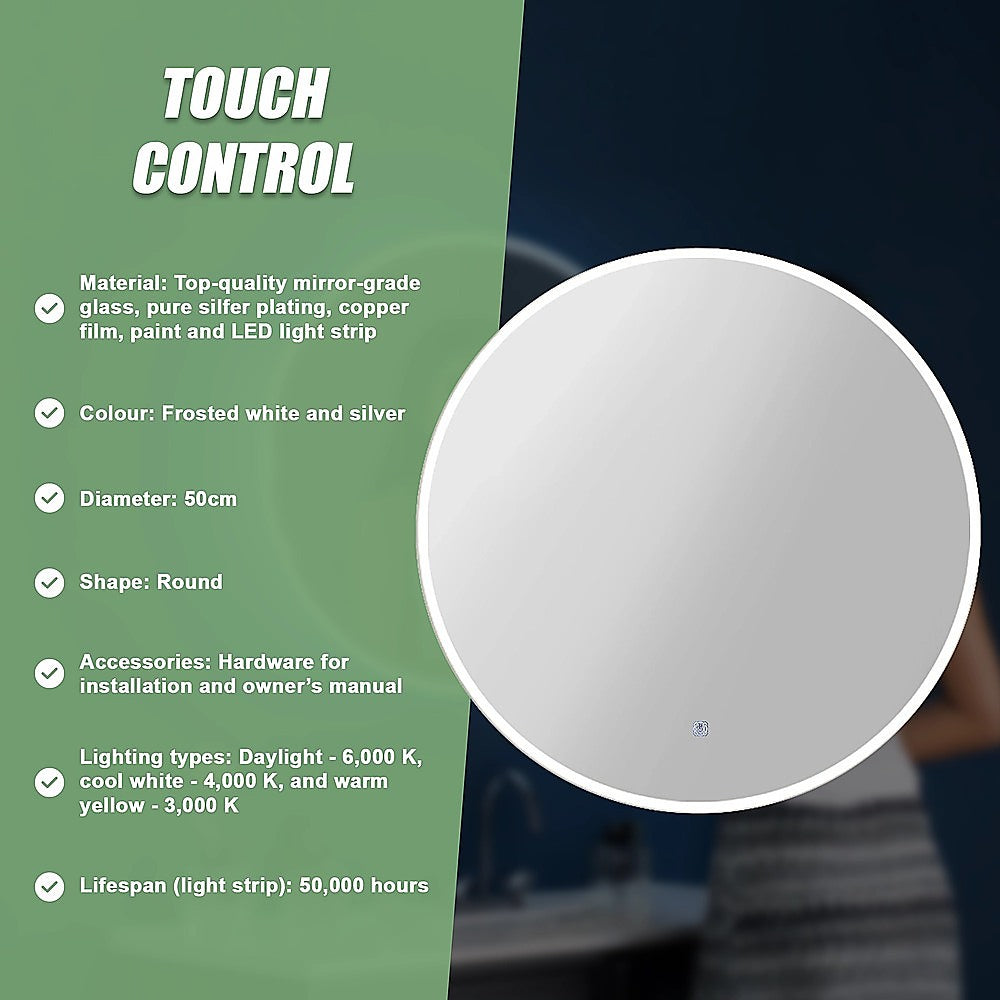 Round LED wall mirror with frosted white edge and silver frame, 50cm diameter