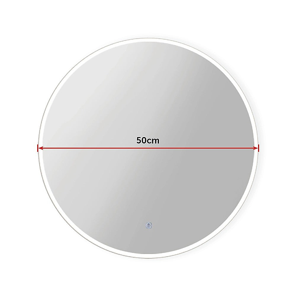 Round bathroom mirror with LED border edge and silver frame, 50cm diameter