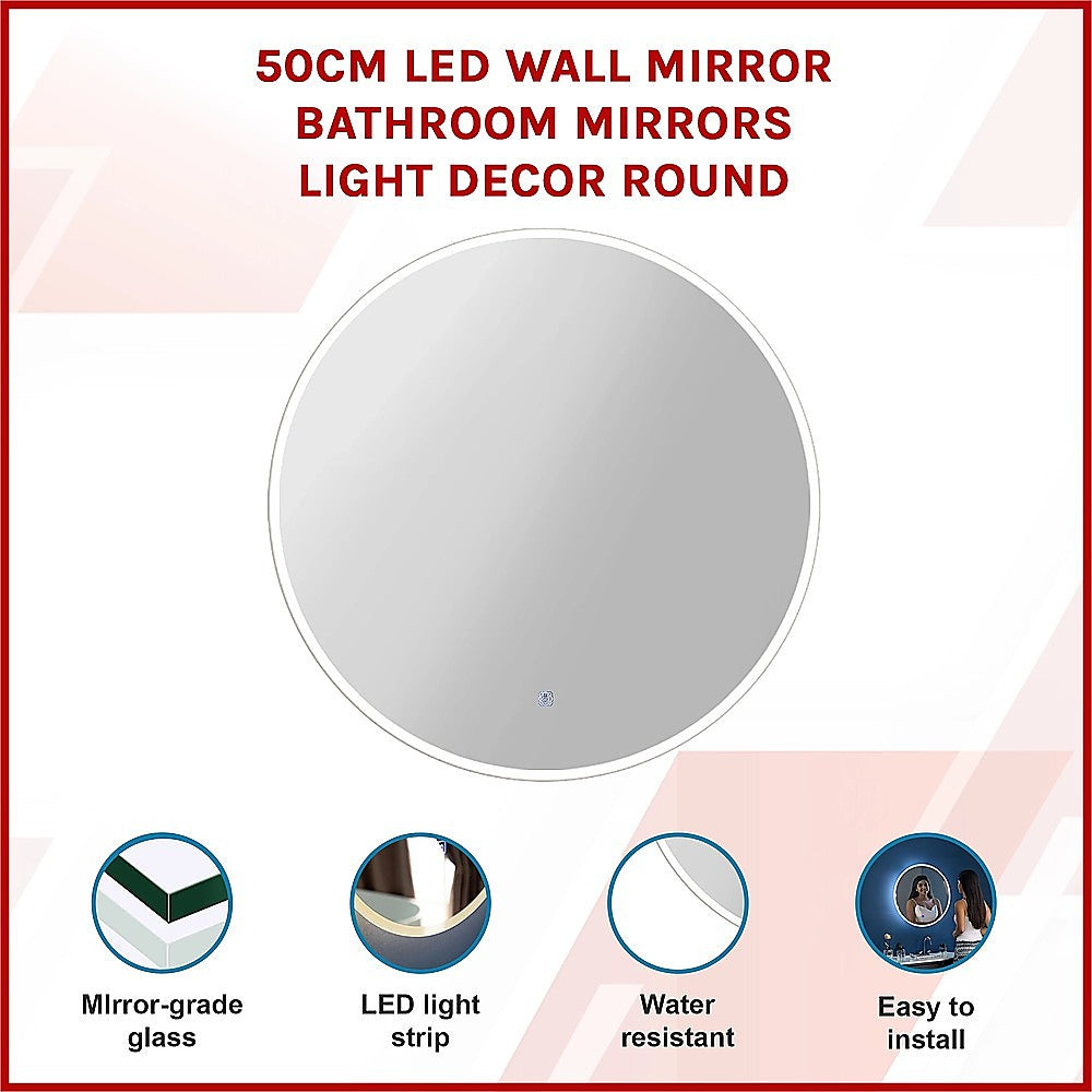 Round LED wall mirror with bright white light ring and silver frame, 50cm