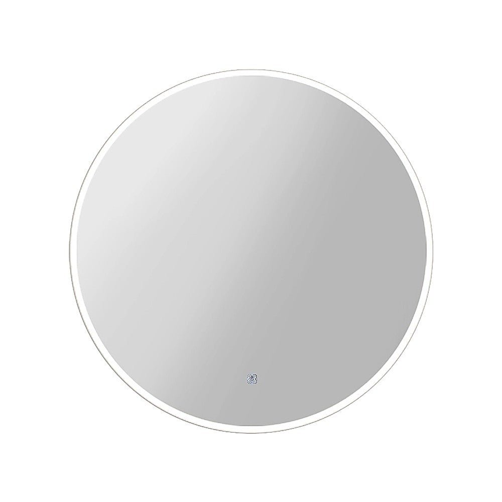 Round wall mirror with silver rim and reflective frosted gray surface