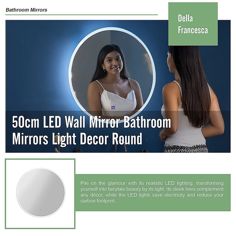 Round LED bathroom mirror with a bright white light ring mounted on the wall