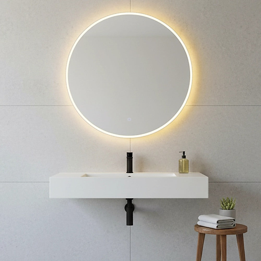 Round LED wall mirror with glowing illuminated border, bathroom wall mount