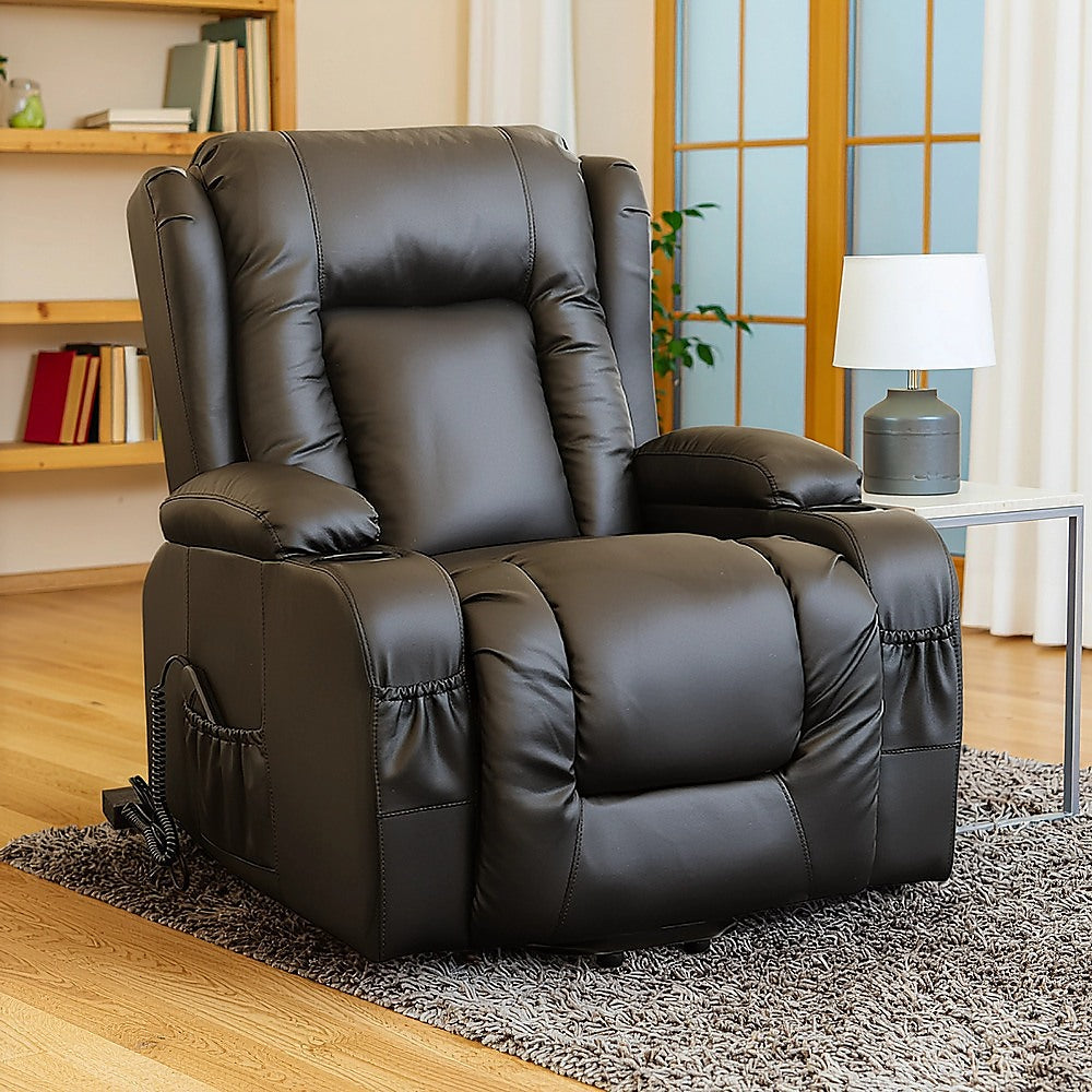 Recliner Chair  Electric Massage Lift Chair with Heat Function PU Leather Lounge Sofa Black