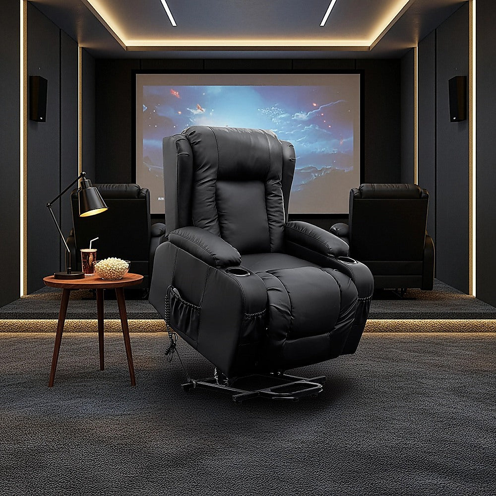 Recliner Chair  Electric Massage Lift Chair with Heat Function PU Leather Lounge Sofa Black