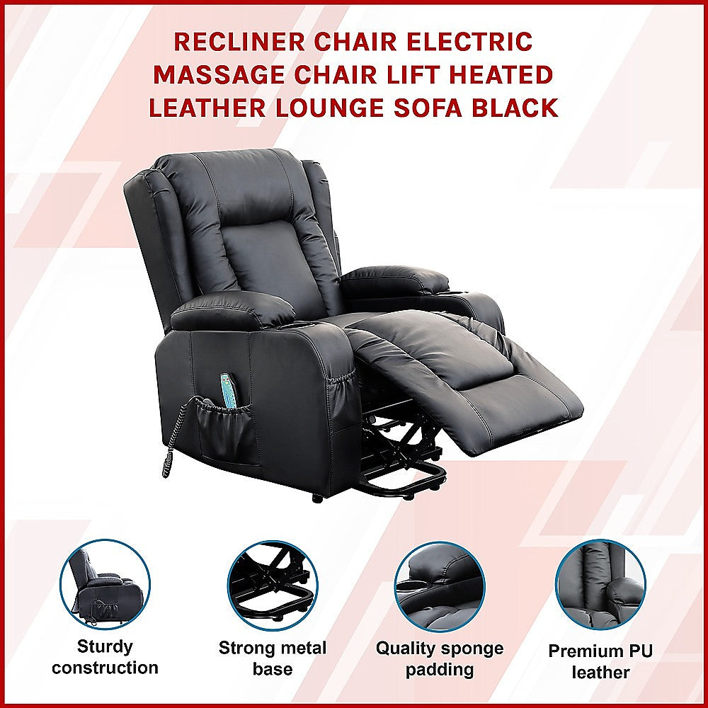Recliner Chair  Electric Massage Lift Chair with Heat Function PU Leather Lounge Sofa Black