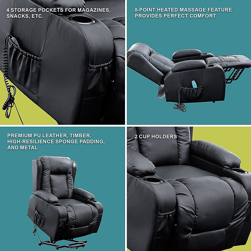 Recliner Chair  Electric Massage Lift Chair with Heat Function PU Leather Lounge Sofa Black