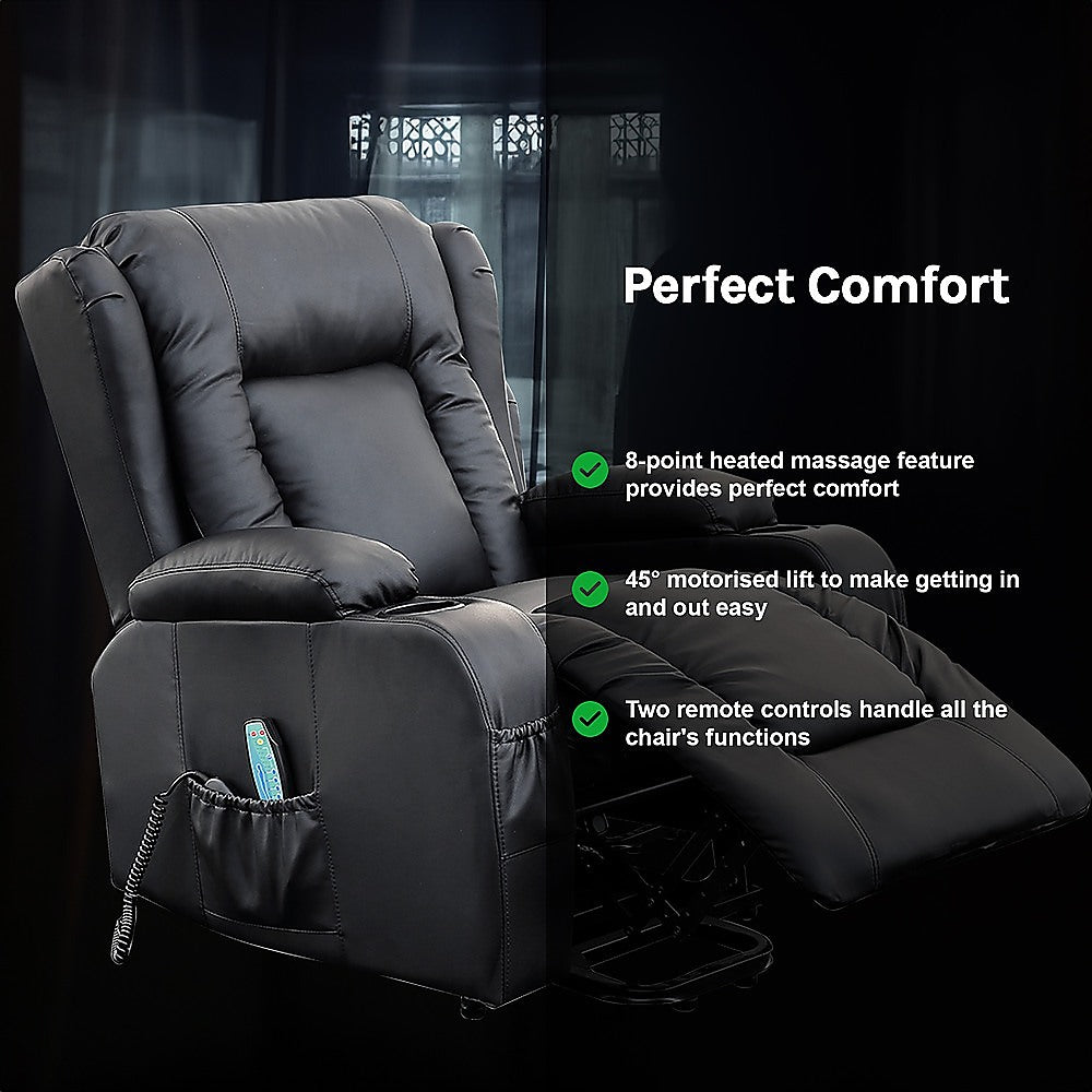Recliner Chair  Electric Massage Lift Chair with Heat Function PU Leather Lounge Sofa Black