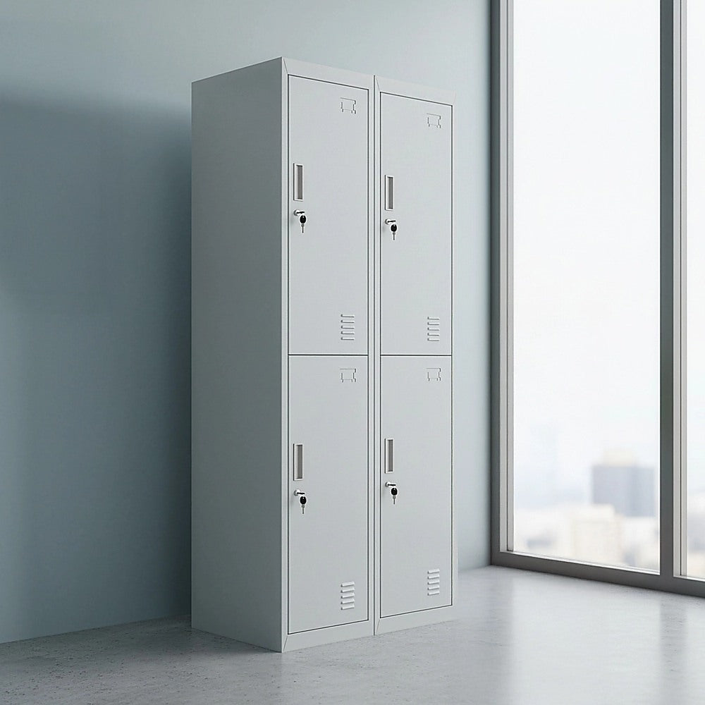Four-door storage locker, light gray, four locked doors with vent panels