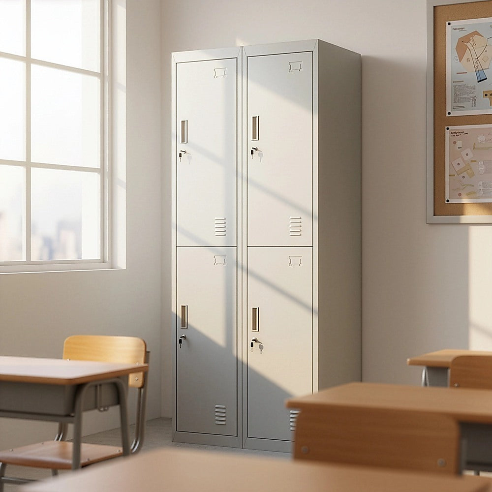 Four-door storage locker, light gray, four locked doors with rectangular handle cutouts