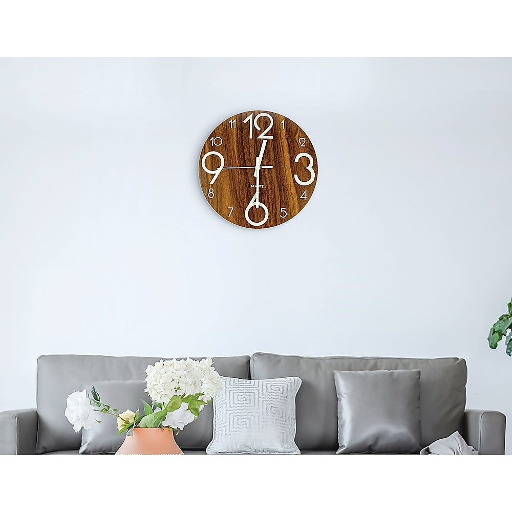 Wall-mounted round wooden wall clock with white numerals and thin hands