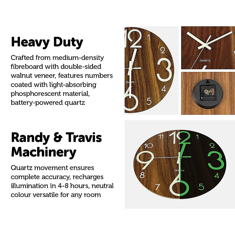 Round wooden wall clock with large numerals, quartz hands, and light-absorbing panel